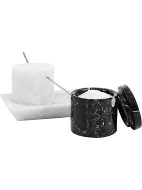 Marble Salt Cellar Set of 2 with Lids - 3" Salt Bowl & Spice Jar for Kitchen